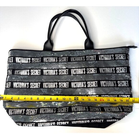 Victorias Secret Large Sequin Tote Bag Black & Silver With Zip Closure - Picture 8 of 10
